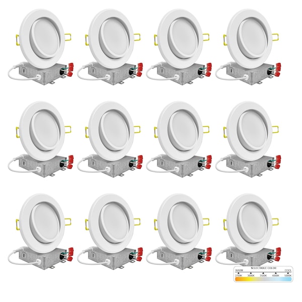 Nuwatt 4 Inch Gimbal LED Recessed Lighting for Sloped Ceiling 2700K-5000K 5CCT Canless Lights, PK12 NW-P-ADJDL-4-9W-5CT-WH-12P - main